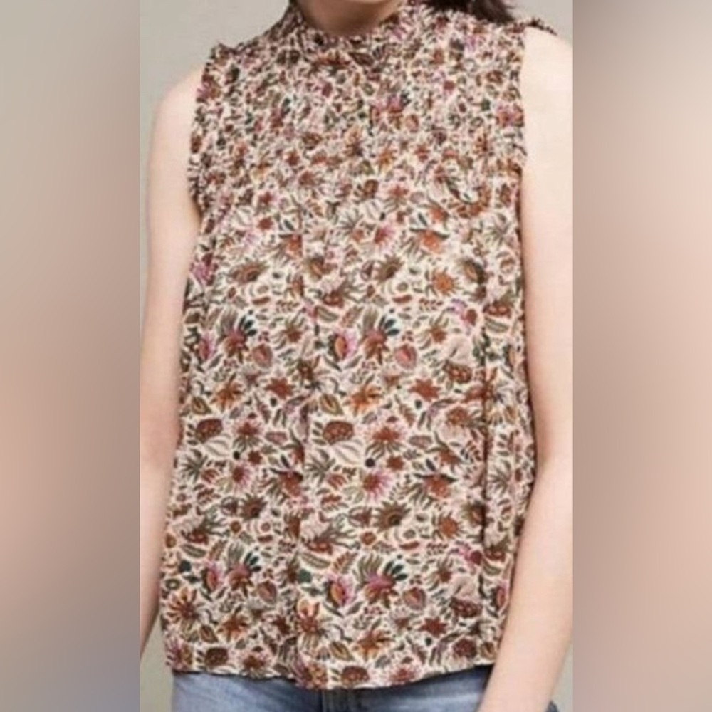 Anthropologie Maeve Sleeveless‎ Smocked Floral High Neck Top Multicolor Size 6